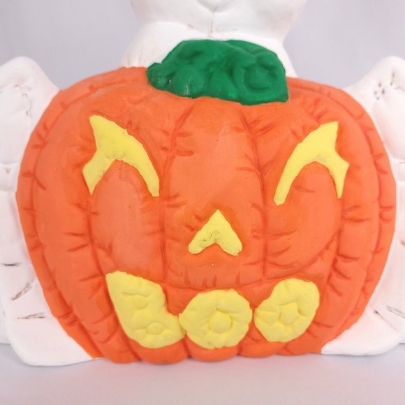 Handpainted Ghost w/ Jack O' Lantern Pumpkin Boo Mouth Ceramic Halloween Figure - Picture 3 of 8